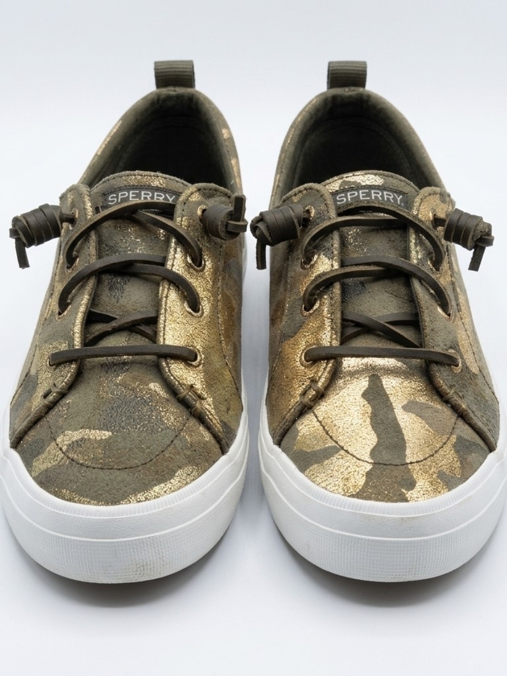 Sperry Womens Size 8 Crest Vibe Leather Metallic Gold Camouflage Slip-On Sneaker